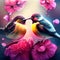 Digital painting of a couple of birds kissing on a branch of a blossoming sakura Generative AI