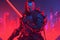 Digital painting of a cyberpunk warrior wielding a double-sided blade, standing against a backdrop of a neon-lit red futuristic