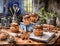 A digital painting depicts a warm kitchen scene. Cupcakes, nuts, and utensils rest on a table