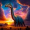 Digital painting of a dinosaur in the savannah at sunset - 3D render AI generated