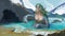 Digital painting of an evil mermaid siren hoarding stolen goods among a boat wreck on a beautiful rocky beach - fantasy