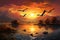 Digital painting of a flock of geese flying over a lake at sunset Generative AI Generative AI