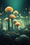 A digital painting of a forest of mushrooms. Generative AI image.
