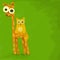 Digital painting of giraffe and cat on green background for greeting cards.