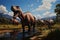 Digital painting of a herd of horses grazing in a river with mountains in the background generative AI Generative AI