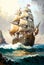Digital painting of a large sailing ship near a rocky shore, seascape illustration