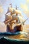 Digital painting of a large sailing ship on a sunny day in the ocean, seascape illustration