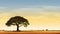 Digital painting of a lonely tree in the middle of a grassy plain at sunset in warm colors