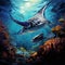 Digital painting of Manta Rays swimming amongst vibrant coral reefs