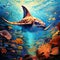 Digital painting of Manta Rays swimming amongst vibrant coral reefs