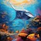 Digital painting of Manta Rays swimming amongst vibrant coral reefs