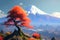 Digital painting of a mountain fuji with a colorful tree in the foreground