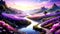 Digital painting of mountain landscape with river and purple flowers illustration