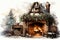 Digital painting of an old house with a fireplace in the village. generative AI Generative AI