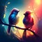 Digital painting of a pair of birds sitting on a branch of a tree generative AI