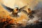 Digital painting of a pair of european robins in flight Generative AI Generative AI