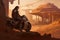 Digital painting of a rider resting beside his futuristic speeder bike while overlooking a primitive city in the background -