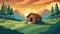 A digital painting of a slave cabin surrounded by a beautiful landscape with the caption Remembering the Past Embracing