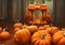 Digital painting style illustration of pumpkin shrine in autumn forest. Concept of harvest and abundance. Digital Art 3D