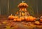 Digital painting style illustration of pumpkin shrine in autumn forest. Concept of harvest and abundance. Digital Art 3D