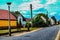 Digital painting of suburban landscape in the style of hand-drawn oil painting on canvas, creative design element