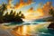 Digital painting of a tropical beach with palm trees at sunset, Seychelles