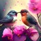 Digital painting of two birds kissing on a branch of a blossoming flower Generative AI