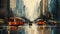 Digital painting of two red and orange train on the street in New York City