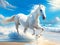 Digital painting of a white mustang running in the beach, waves, blue ocean, clouds, animal creatures