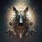 A digital painting of a wolf surrounded by other animals. Generative AI image.