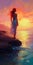 Digital Painting Of Woman Standing On Rocks At Sunset