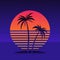 Digital palm tree on a cyber ocean in the computer world. Retro futuristic background 1980s style. Palm trees on the background of