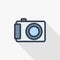 Digital photo camera thin line flat color icon. Linear vector symbol. Colorful long shadow design.