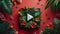 digital play button with arrow symbol in front of an intricate carpet of flowers and leaves as a background