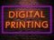 Digital Printing Neon signboard on Dark brick Wall Printing Concept. Neon light Text