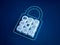 Digital privacy information icons block group are safty in digital safety padlock shape on blue background.