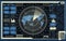 Digital radar screen with world map, targets and futuristic user interface of blue and beige shades on dark background