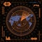 Digital radar screen with world map, targets and futuristic user interface of orange and blue shades on dark background