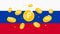 Digital Ruble RUB coins on Russia flag background. Central Bank Digital Currency CBDC concept banner background