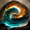 Digital sculpture of a swirling blue and orange vortex tornado of clouds water and fire