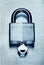 Digital security and encryption with binary code overlaid on steel padlock and key