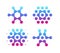 Digital snowflakes icons, molecular science logo set, abstract blue button from dots, honeycombs symbol collection on
