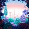 Digital square futuristic illustration of the forest with the powerful factory behind