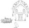 Digital stamp. Easter house with Easter eggs and chick. Uncolored hand drawn illustration