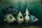 Digital surreal painting of cute comic fishes, mackerels with big eyes