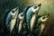 Digital surreal painting of cute comic fishes, mackerels with big eyes