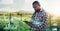 Digital, tablet and future with black man on farm for sustainability, agriculture and planning. Technology abstract