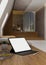 Digital tablet mockup on long wood seating bench in modern minimal home indoor corridor