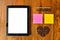 Digital tablet pc, pen, colorful stick note and coffee bean
