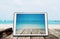 Digital Tablet with Sunglasses on Wooden Desk at the Tropical Beach